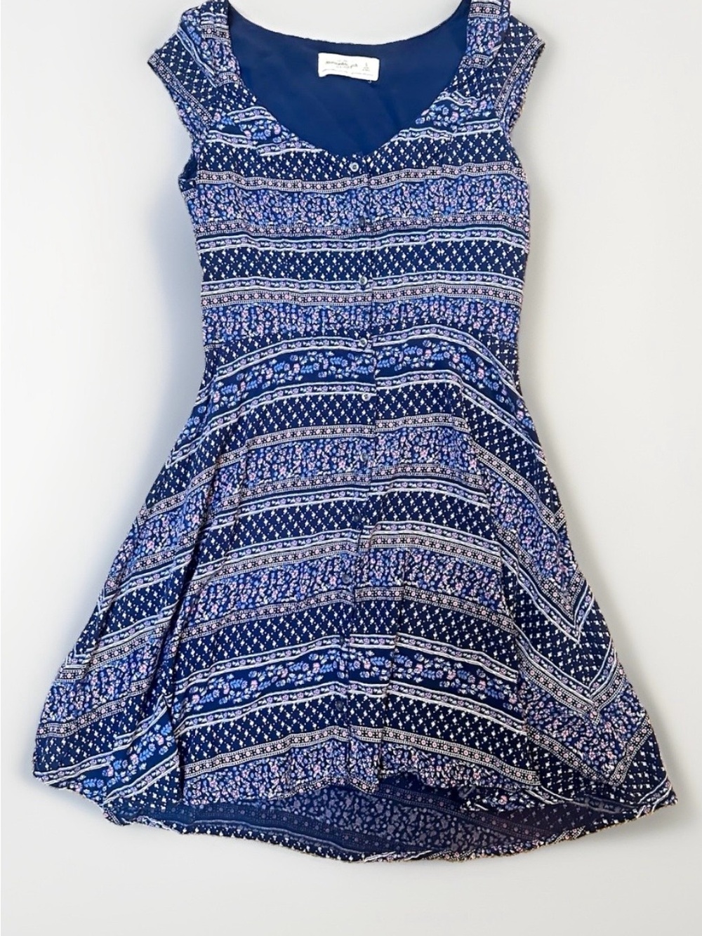 Abercrombie & Fitch Fit & Flare Navy Blue Pink Floral Button Front Mini Dress S